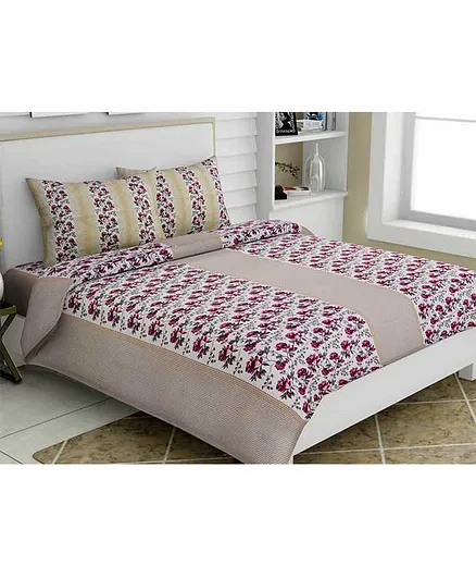 Haus & Kinder Floral Landscape 100% Cotton Bed Sheet with 2 Pillow Covers - Maroon