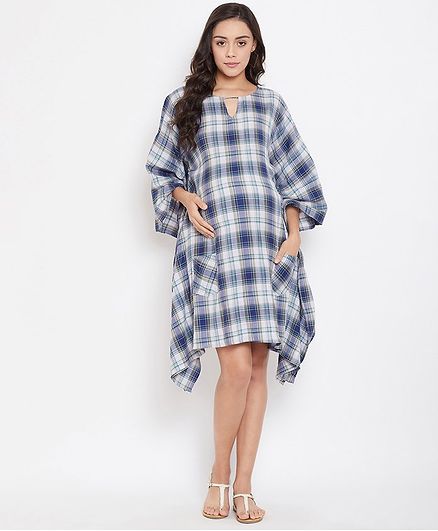 The Kaftan Company Full Sleeves Checkered Maternity Kaftan Dress - Blue