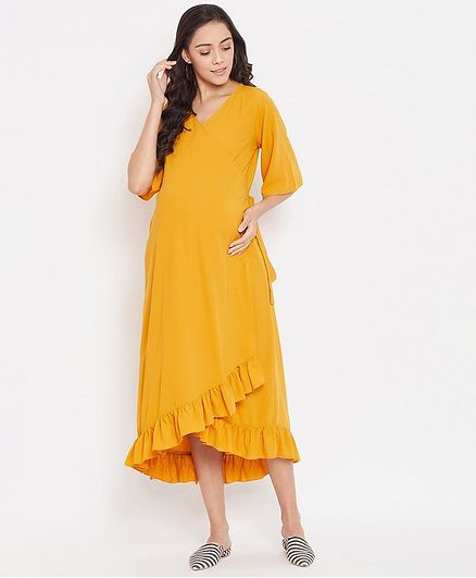 The Kaftan Company Half Sleeves Ruffle Detailing Solid Maternity Kaftan Dress - Yellow
