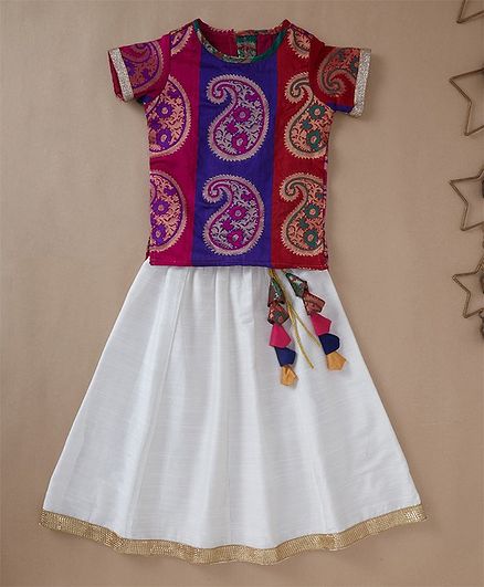 TMW Kids Pattu Pavadai Short Sleeves Paisely Design Brocade Choli With Lehenga - Multi Color