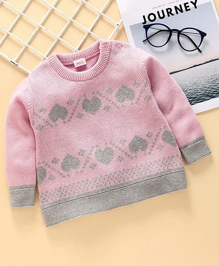 Babyhug Full Sleeves Sweater Heart Design - Light Pink