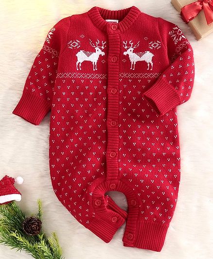 Babyhug Full Sleeves Organic Cotton Winter Wear Romper Reindeer Design - Red