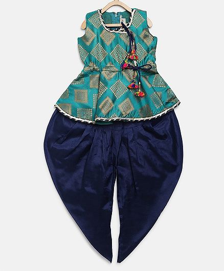 BownBee Sleeveless Angrakha Style Jacquard Peplum Top With Dhoti - Blue & Green