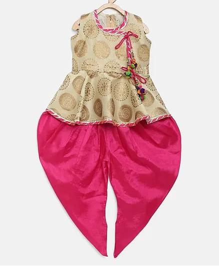 BownBee Sleeveless Angrakha Style Jacquard Peplum Top With Dhoti - Off White & Pink