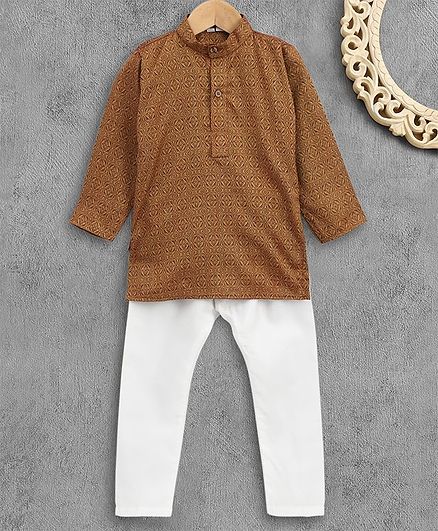 Ridokidz Self Print Full Sleeves Kurta With Pajama - Brown