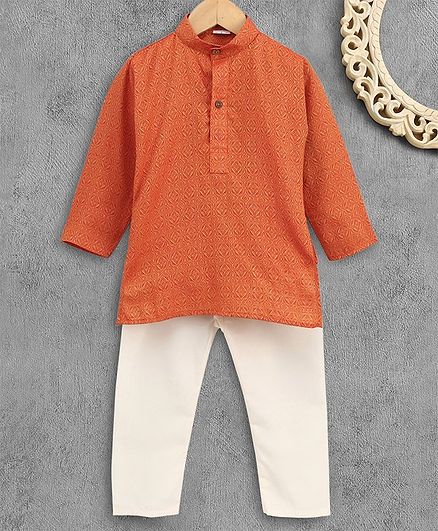 Ridokidz Self Print Full Sleeves Kurta With Pajama - Orange
