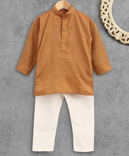 Ridokidz Self Print Full Sleeves Kurta With Pajama - Light Brown