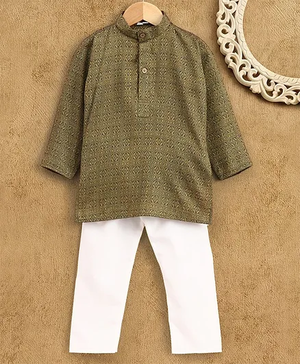 Ridokidz Self Print Full Sleeves Kurta With Pajama - Green