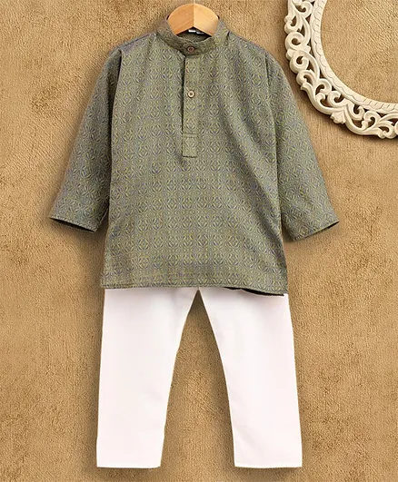 Ridokidz Self Print Full Sleeves Kurta With Pajama - Grey