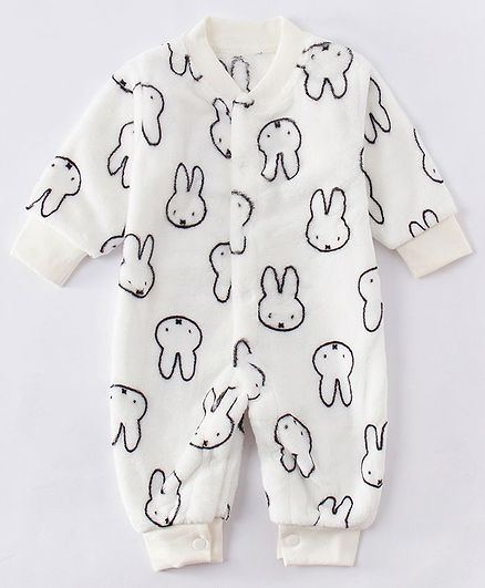 Kookie Kids Full Sleeves Winter Romper Bunny Print - White