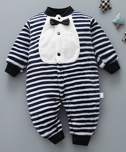 Kookie Kids Full Sleeves Winter Romper Striped - Navy Blue