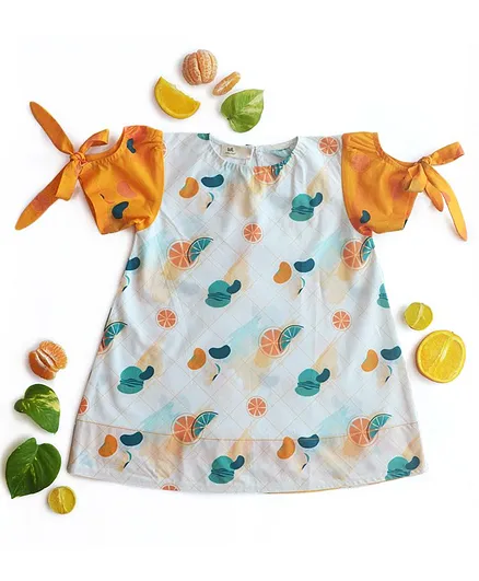 Miko Lolo Puffed Short Sleeves Orange Printed Organic Cotton Dress - Multicolour