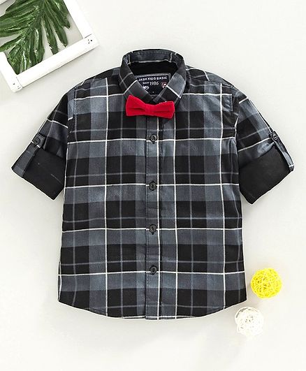 Jash Kids Full Sleeves Party Wear Checks Shirt with Bow - Grey Black