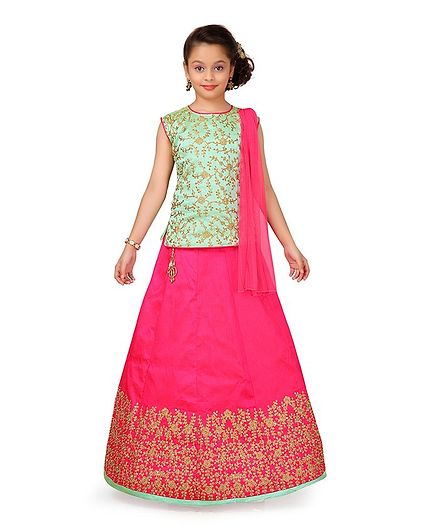Aarika Sleeveless Flower Embroidery Work Choli With Lehenga & Net Dupatta Set - Green