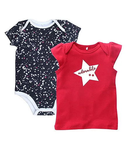 Kadam Baby Pack Of 2 Short Sleeves Star Printed Onesie & Top Set - Blue & Red