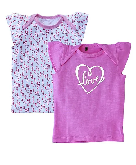 Kadam Baby Pack Of 2 Cap Sleeves Heart Printed Top - Purple & Light Blue