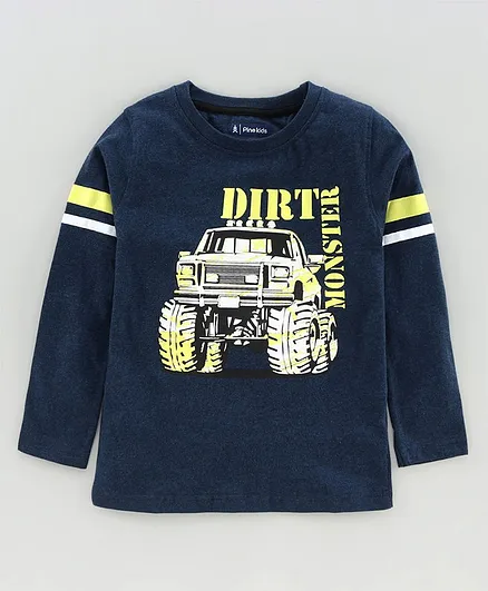 Pine Kids Full Sleeves Biowashed Tee Vehicle Print - Navy Blue