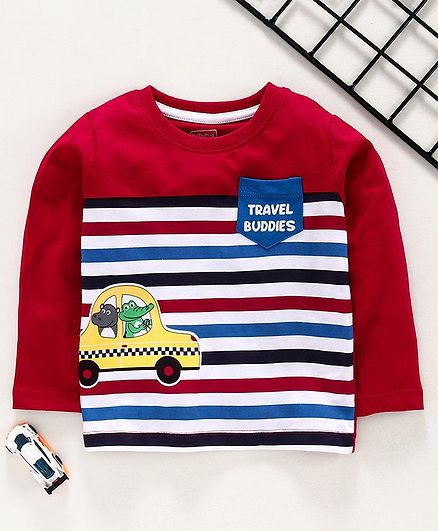 Babyhug Full Sleeves Striped Tee Animal Print - Red