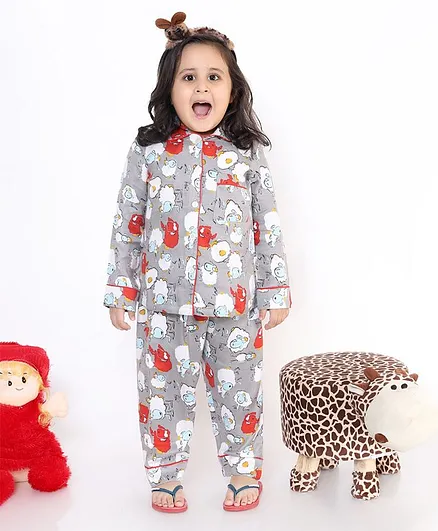 M'andy Full Sleeves Sheep Print Night Suit - Grey