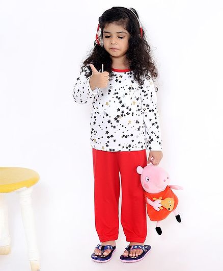 M'andy Full Sleeves Star Print Night Suit - White