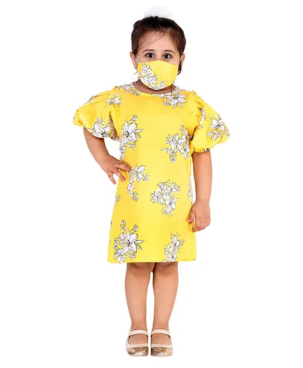 KIDSDEW Floral Printed Puffed Half Sleeves Dress & Matching Mask - Yellow