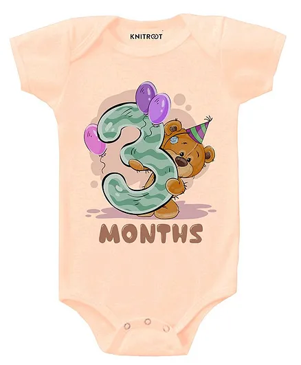 KNITROOT Short Sleeves Teddy 3 Months Printed Onesie - Peach