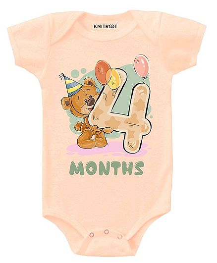 KNITROOT Short Sleeves Teddy 4 Months Printed Onesie - Peach