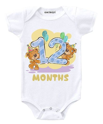 KNITROOT Short Sleeves Teddy 12 Months Printed Onesie - White