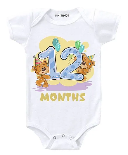 KNITROOT Short Sleeves Teddy 12 Months Printed Onesie - White