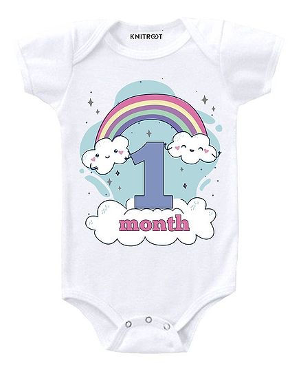 KNITROOT Short Sleeves Rainbow 1 Month Printed Onesie - White