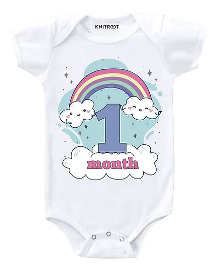 KNITROOT Short Sleeves Rainbow 1 Month Printed Onesie - White