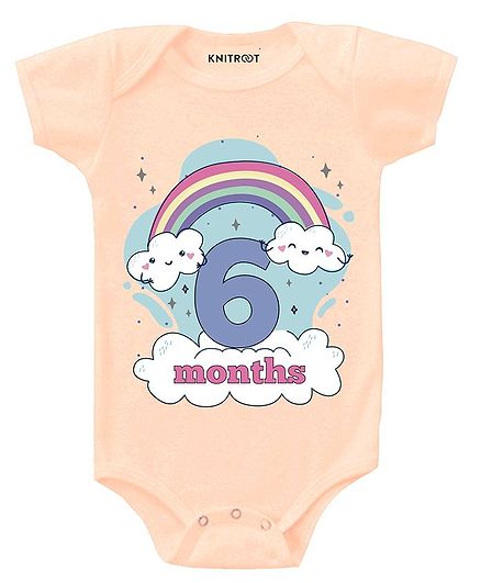 KNITROOT Short Sleeves Rainbow 6 Months Printed Onesie - Peach