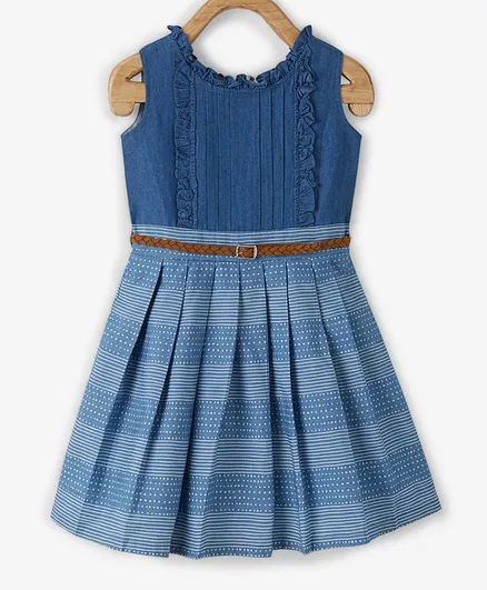 Powderfly Self Design Sleeveless Pleated Dress With Braided Belt - Blue