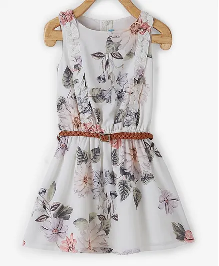 Powderfly Sleeveless Floral Print Dress With Braided Bag - Off White