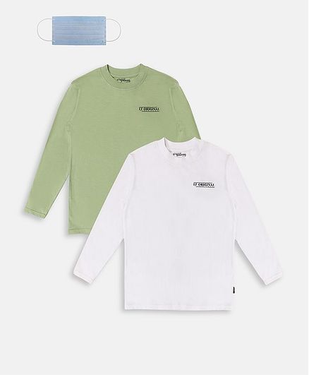 Li'L tomatoes Full Sleeves Pack Of Two Solid Tee With Face Mask - White Green