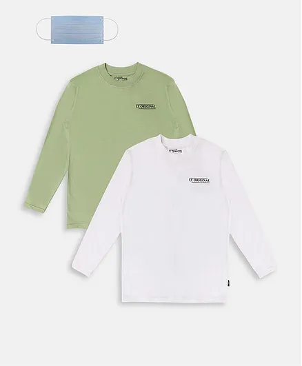 Li'L tomatoes Full Sleeves Pack Of Two Solid Tee With Face Mask - White Green