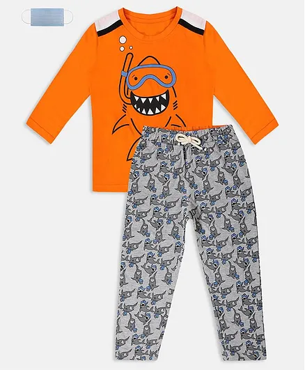 Li'L tomatoes Full Sleeves Shark Print Night Suit With 3 Ply Face Mask - Orange Grey