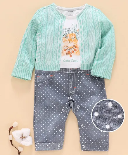 Cucumber Full Sleeves Romper Kitty Print - White Sea Green