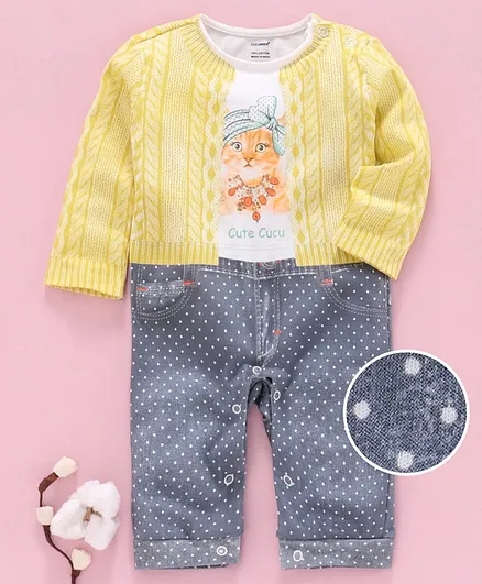 Cucumber Full Sleeves Romper Kitty Print - Yellow Grey