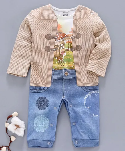 Cucumber Full Sleeves Romper Deer Print - Beige Blue