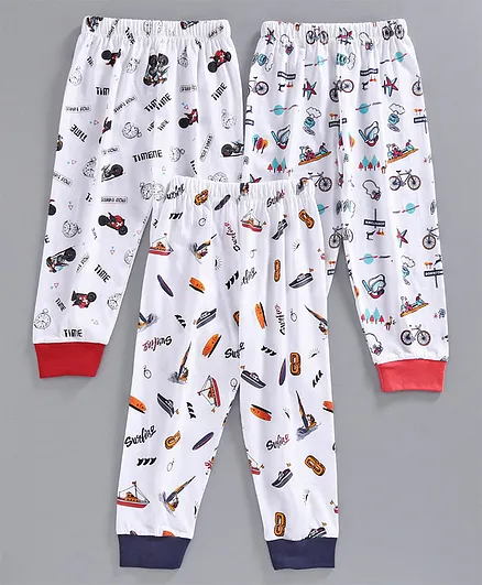 Cucumber Full Length Lounge Pant Vehicle Print Pack of 3 - White & Multicolor