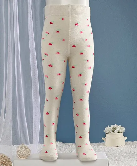 Mustang Footed Tights Flower Design - Off White