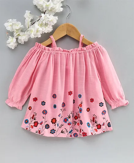 Babyhug Peasant Sleeves Off Shoulder Top Floral Print - Pink