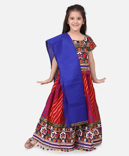 BownBee Short Sleeves Leheriya Print Choli With Dupatta & Lehenga Set - Multi Color