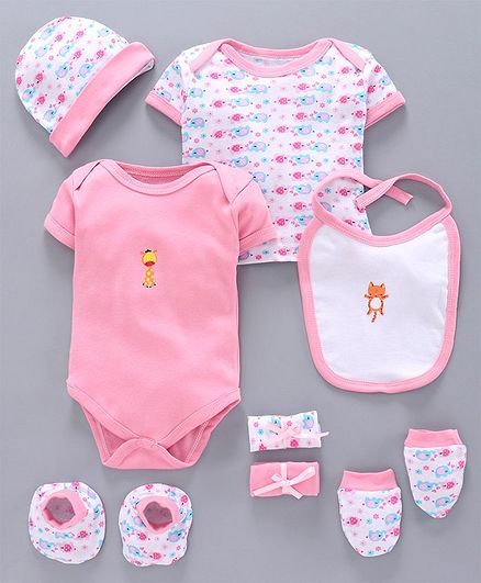 Bumzee Pack Of 8 Half Sleeves Elephant Print Baby Gift Set - Pink