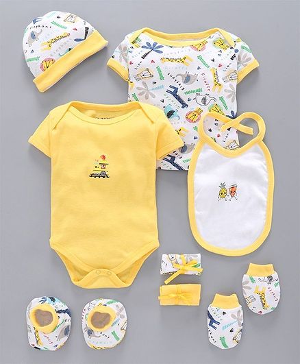 Bumzee Animals Print Half Sleeves Pack Of 8 Baby Gift Set - Yellow
