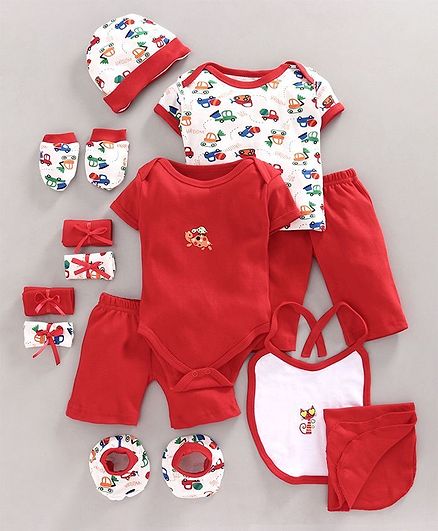 Bumzee Car Print Half Sleeves Pack Of 13 Baby Gift Set - Red