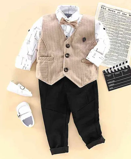 Dapper Dudes Full Sleeves Printed Shirt With Striped Waistcoat & Bow With Pants - Beige