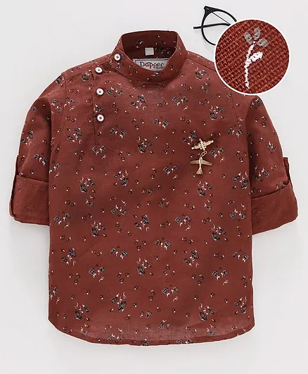 Dapper Dudes Flower Printed Roll Up Sleeves Kurta - Maroon