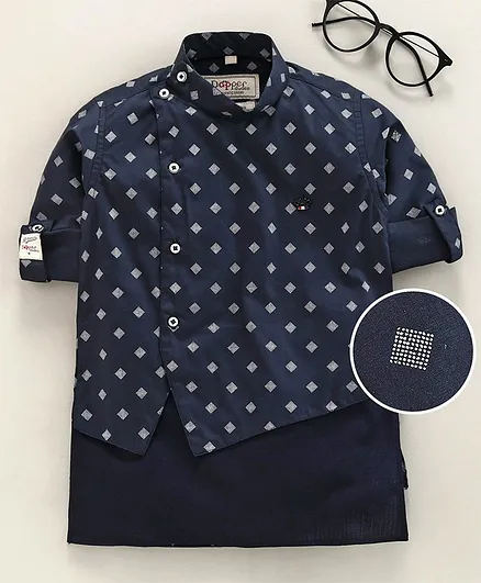 Dapper Dudes Square Printed Twill Roll Up Sleeves Kurta - Navy Blue